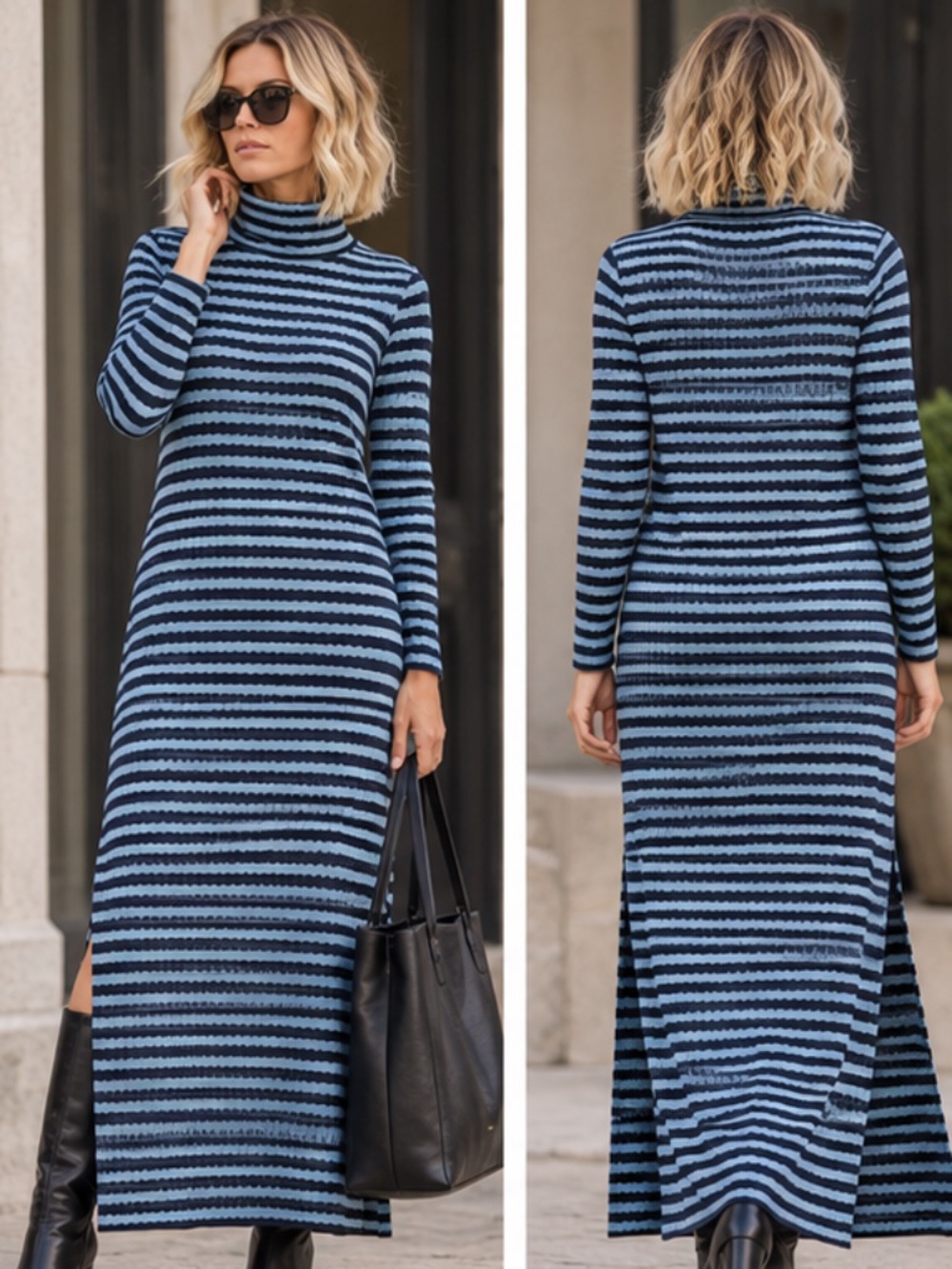 NWT | SKFK | Blue Striped Long Sleeve Maxi Dress with Slits | Size 6